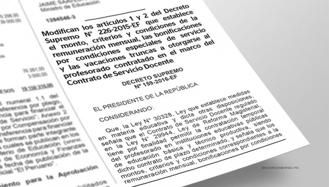 MINEDU anuncia aumento de sueldo a partir de julio para más de 74 mil docentes contratados (D. S. N° 159-2016-EF)